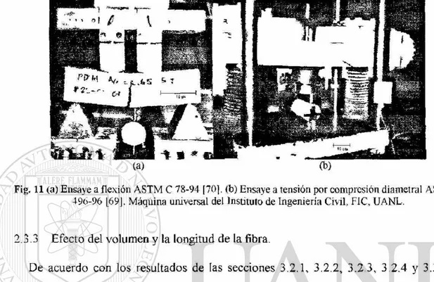 figura 11 se puede observar especímenes de concreto con fibras durante el ensaye a  flexión y tensión