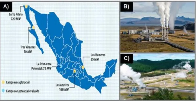 Figura 5.- Plantas Geotérmicas en México: A) Ubicación de las principales plantas  geotérmicas, B) Planta Cerro Prieto, C) Planta Cerro Prieto
