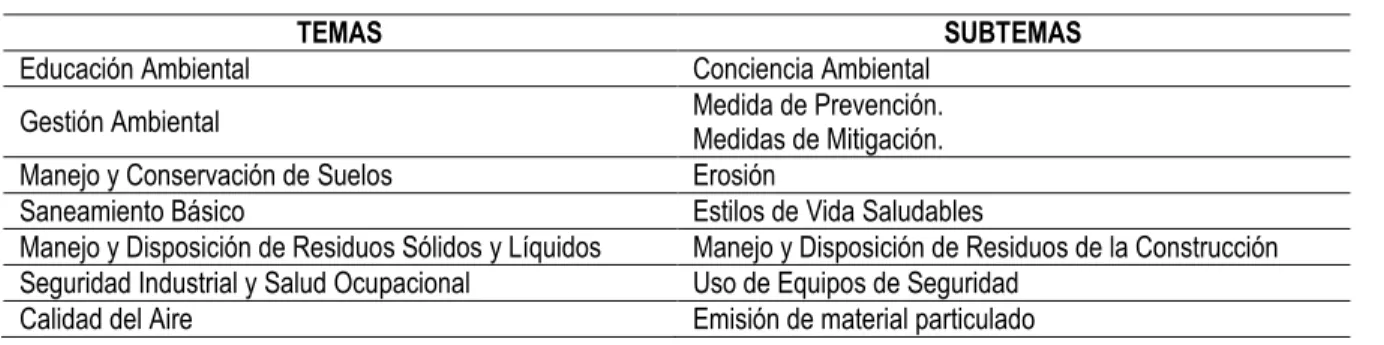 Tabla 2. Temas y Subtemas a los cuales se les elaboró contenidos 