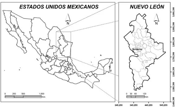 Figura 4. Mapa de la República Mexicana, donde se localiza el Estado de Nuevo León.  Elaboración propia