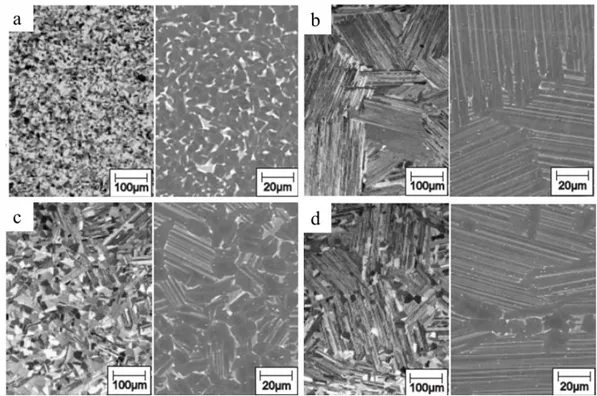 Figura 2.12 Micrografías de las diferentes microestructuras presentes en la aleación base  –TiAl, a) equiaxial, b) completamente laminar, c) dúplex y d) casi laminar [4]