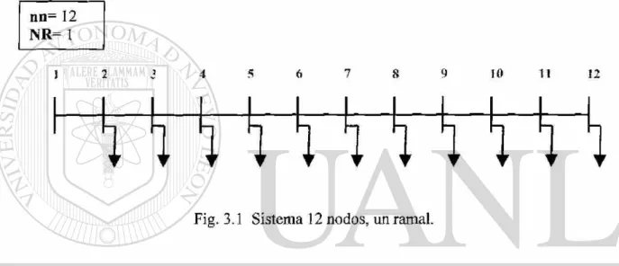 Fig. 3.1 Sistema 12 nodos, un ramal. 
