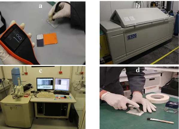 Figura 4.7. a) Espesores por ultrasonido, b) Cámara de niebla salina, c) Microscopio  electrónico de barrido JEOL-JSM-5800, d) Equipo Elcometer para adherencia 
