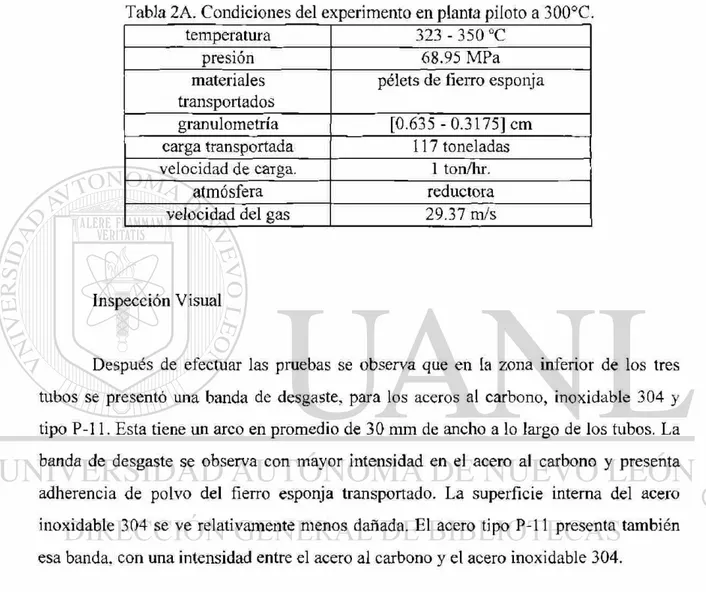 Tabla 2A. Condiciones del experimento en planta piloto a 300°C. 