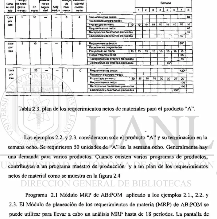 Tabla 2.3. plan de los requerimientos netos de materiales para el producto  " A " 