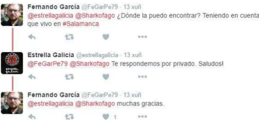 FIG. 4.7 Imagen de la respuesta que da Estrella Galicia a uno de los usuarios de Twitter que los ha  nombrado en un Tweet