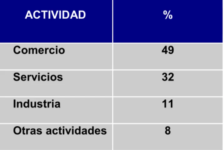 Tabla  5  .  Participación  del  mercado  de  los  sectores  productivos  en  la   ciudad de Málaga  ACTIVIDAD  %  Comercio 49 Servicios 32 Industria 11 Otras actividades  8