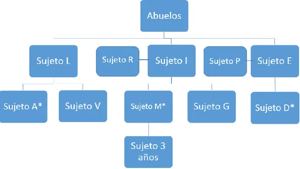 Figura 2. Árbol genealógico de los sujetos. Elaboración propia. Los sujetos con TDAH  aparecen indicados con *