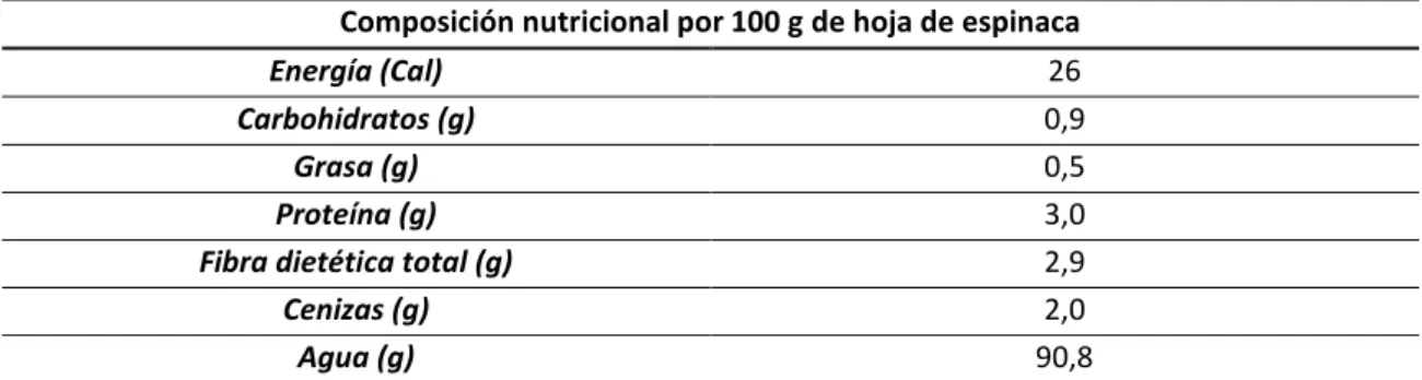 Tabla 2: Composición nutricional hoja de espinaca 
