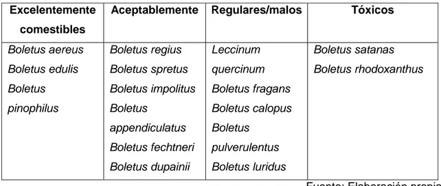 TABLA 1: Clasificación de los Boletus en función de su aceptación gastronómica.  