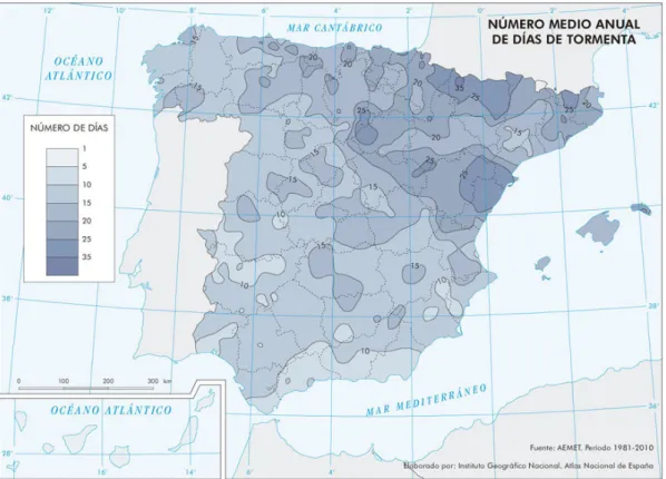 Figura 8. Mapa de número medio anual de días de tormenta. 1981-2010. Fuente: http://atlasnacional.ign.es/wane/Clima