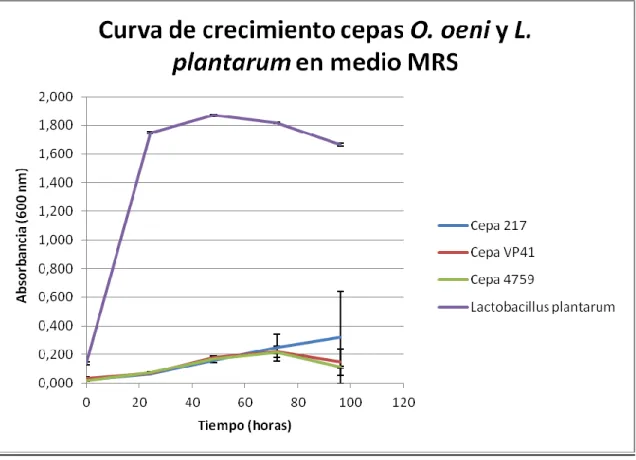 Figura  3.  Comparativa  de  las  curvas  de  crecimiento  de  las  cepas  Oenococcus  oeni  217,  VP41 y 4759 con Lactobacillus plantarum y su desviación estándar, medidas a una D.O