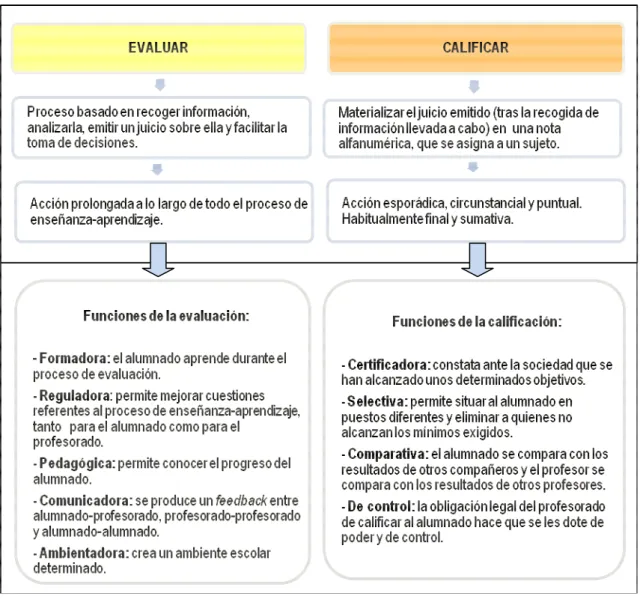 Figura 2.1. Diferencia entre evaluación y calificación. Fuente: elaboración propia a partir de los  trabajos de Fernández, 2006; Gimeno y Pérez, 1998; Sanmartí, 2007; Santos, 1993