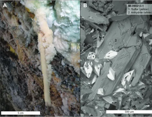 Fig. 7. Some examples of sulfur minerals found in CMI. A) sulfur forming part of a stalactite;   B) SEM microphotograph of sulfur detail in association with anhydrite minerals.