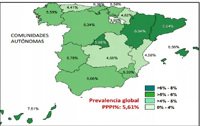 Ilustración 5: Prevalencia de pacientes con infecciones nosocomiales adquiridas en  el ingreso actual por Comunidades Autónomas