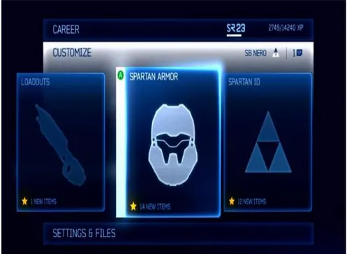 Figure 1. Halo character customisation stage – character choice and starting customisation of things  like weapons and armour (Screen shot from  https://www.youtube.com/watch?v=6f-Dm-VdaXs ) 