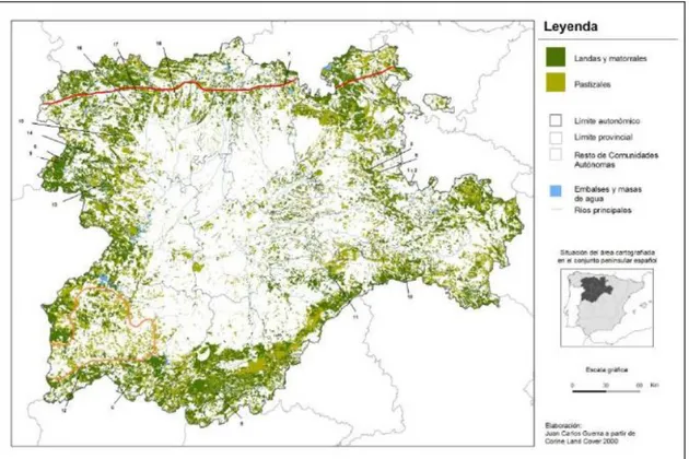 Figura 6. Distribución de las áreas cubiertas de pastizal y matorral en Castilla y León (la  línea de color rojo separa los paisajes ganaderos correspondientes a las montañas sin aridez  estival, la línea de color naranja hace lo propio con el ámbito de la
