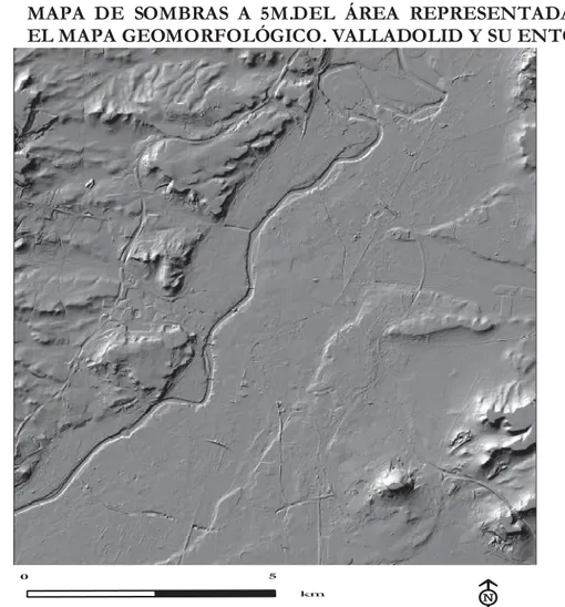 Figura 5  MAPA DE SOMBRAS A 5M.DEL ÁREA REPRESENTADA POR  EL MAPA GEOMORFOLÓGICO. VALLADOLID Y SU ENTORNO 
