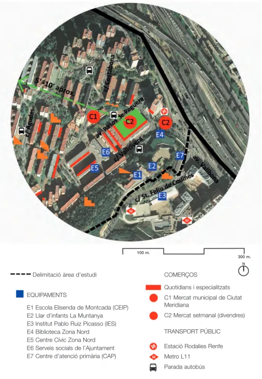 Mapa 2. Plaça Roja de la Ciutat Meridiana: usos propers