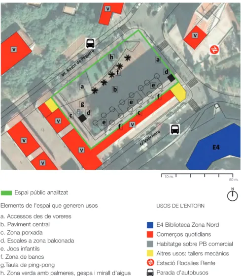 Mapa 3. Plaça Roja de la Ciutat Meridiana: configuració de l’espai i usos de l’entorn