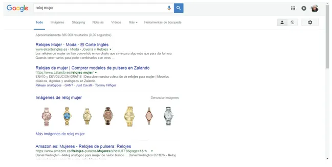Figura 6.  2. Búsqueda en Google de las palabras clave “reloj mujer”.  886.000 resultados y adelitaadelita.com no se encuentra entre las 8 primeras páginas 