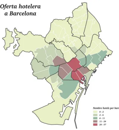 Mapa 3. Distribució dels hotels per barris i districtes 