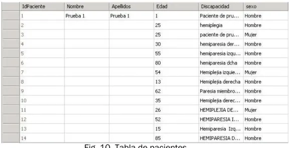 Fig. 10. Tabla de pacientes. 