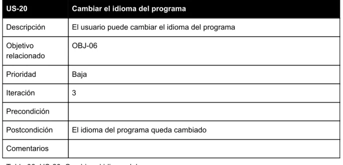 Tabla 36. US-20: Cambiar el idioma del programa 