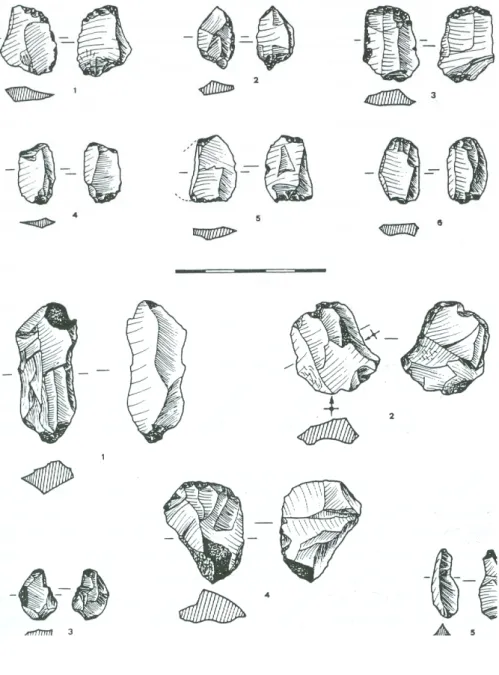 Fig. 7  Productos de talla bipolar (nº 1-6 de Saso II y nQ 1-5 de Saso I). NQ 7 y 6, fragmentosde hoja,  remontables, de Saso II y I respectivamente