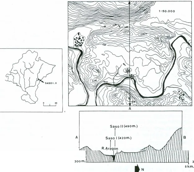 Fig. 1  Localización de los yacimientos (n0 1), emplazamiento de ambos lugares (n° 2) y corte estructural  del entorno (n° 3)