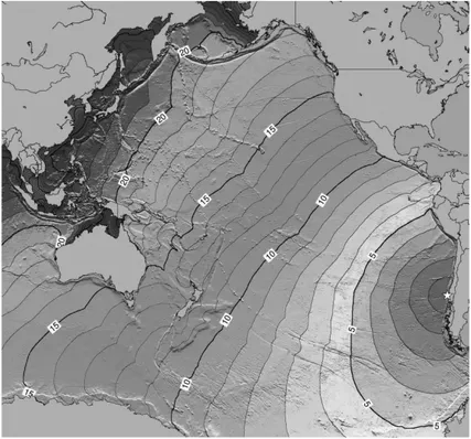 Figura 10.  Propagación del tsunami en el Pacífico después del terremoto de 1960. Las curvas indican  las horas después del inicio