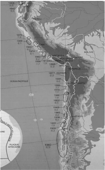 Figura 2.   Zonas de ruptura de los grandes terremotos chilenos en  el siglo XX. Las superficies en rojo corresponden a dos  sismos de magnitud 9 fechados en 1868 y 1877