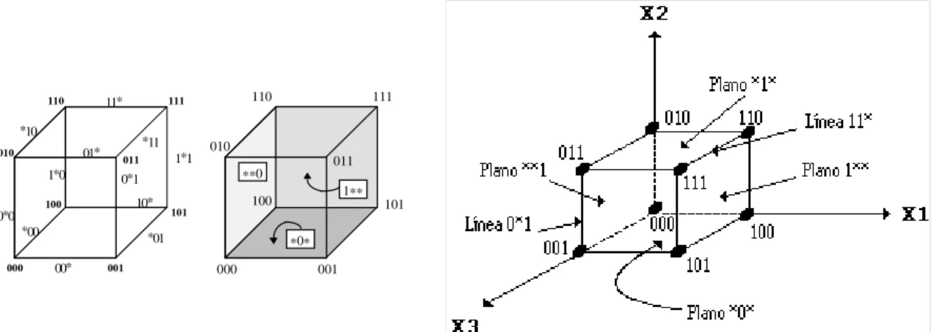 Figura 2.16. Visualización de los esquemas como hiperplanos  en un espacio tridimensional (l=3)