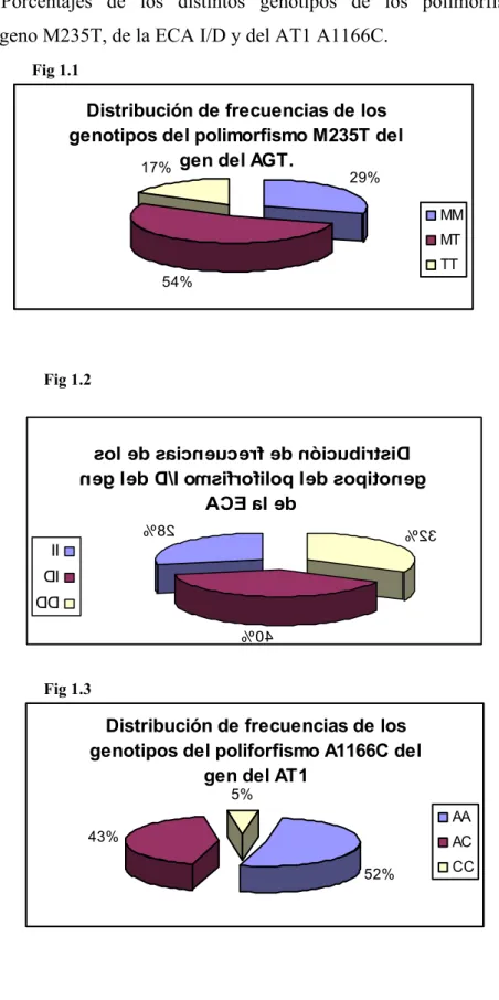 Figura  1:  Porcentajes  de  los  distintos  genotipos  de  los  polimorfismos  del  angiotensinógeno M235T, de la ECA I/D y del AT1 A1166C