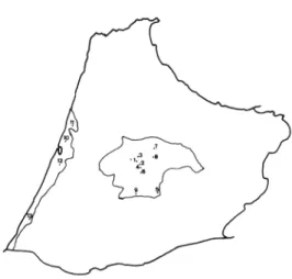 Figura I. Procedencia de las muestras  estudiadas: 1, Ouazzane (001): 2, Mnaska (002); 3, a 8 Km de Ouazzane (003); 4, a 6 Km de Ouazzane (004); 5, Mjarghi (005); 6, a 10 Km de Ouazzane (006); 7, Mokrisat (007); 8, cerca de Zoumi (008); 9,  Jorf-El-Melha (