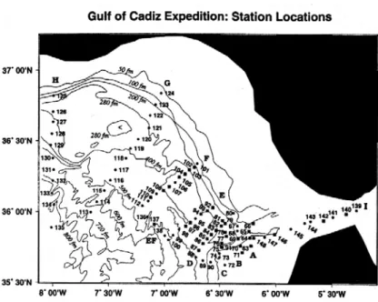 Figura 1.20 : Extensión geográfica y estaciones de muestreo en la campaña Gulf of Cadiz  Expedition, 1988