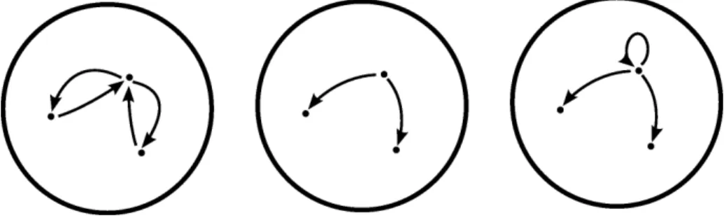 Figura 3.3: Una relaci´ on sim´ etrica, una asim´ etrica y una antisim´ etrica.