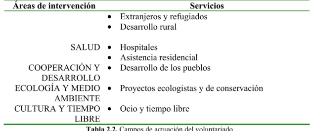 Tabla 2.2. Campos de actuación del voluntariado. 