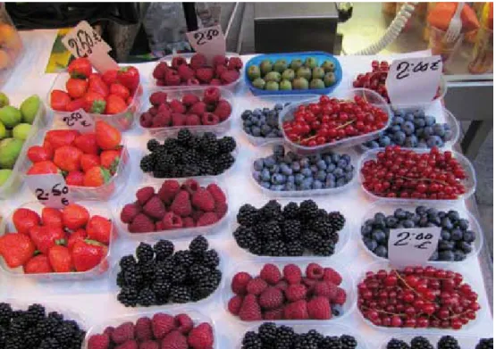 Figura 1. Sección de frutos del bosque en un mercado de frutas