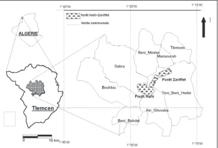 Figure 1. Carte de localisation du massif Haﬁr-Zariffet constituant la zone intégrale du Parc National de  Tlemcen depuis1993 (Letreuch, 2002)