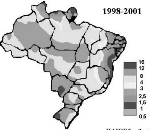 Figura VI.2 - Mapa de densidade de descargas atmosféricas para a terra (descargas / km 2  - ano) no Brasil – período de 1998 a 2001