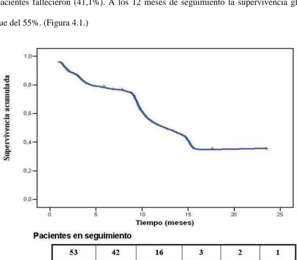 Figura 4.1. Estimación de la supervivencia al año de la población estudiada (n=56)  mediante el análisis de supervivencia de Kaplan Meier