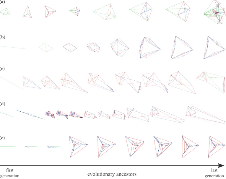 Figure 5: Phylogeny of evolved tensegrity structures using indirect encoding. Each row represents a representative selection of evolutionary steps of the best evolved tensegrity structures in five different evolutionary runs, ordered from the first generat