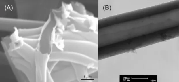 Figure 2.7. Examples of ALHCFs. A) SEM of mechanically broken hollow fibers. B)  TEM of one of the hollow carbon fibers 