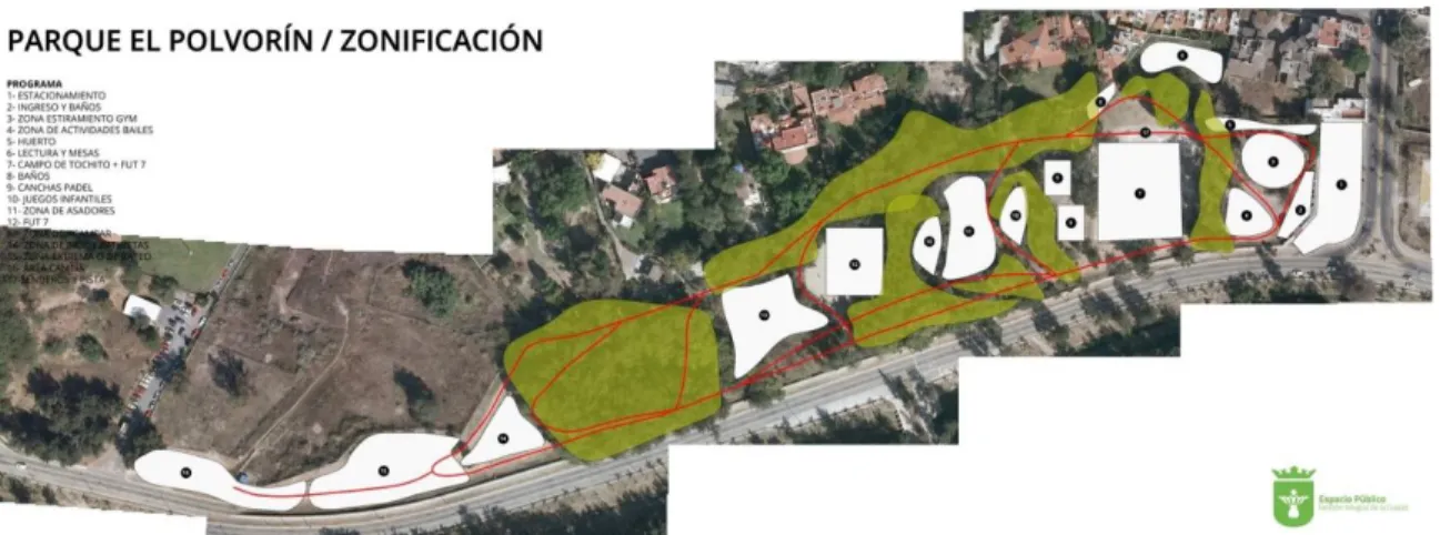 Figura 6. Centro Comunitario y Unidad Deportiva El Polvorín. Zonificación General. Adaptado  de Valenzuela Flores, Nadia, 2017