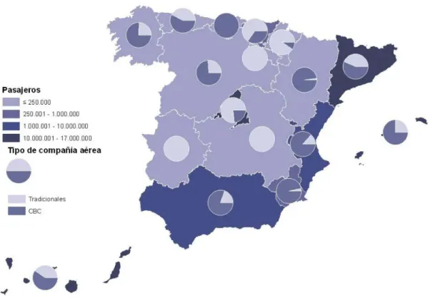 Mapa 2: Pasajeros internacionales llegados a España por comunidad  autónoma de destino, según compañía aérea