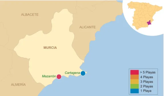 Figura 1. Municipios con playas nudistas en la Región de Murcia. 