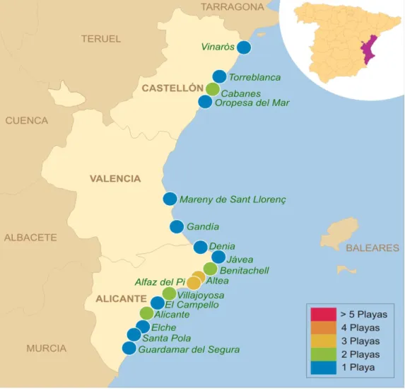 Figura 2. Municipios con playas nudistas en la Comunidad Valenciana. 