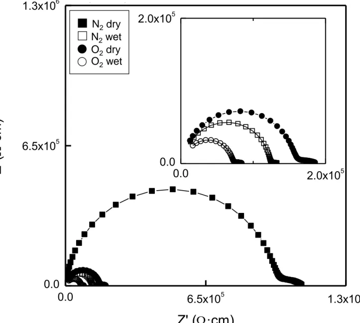 Figure 6 0.06.5x1051.3x1060.06.5x1051.3x106-Z''(·cm)Z' (·cm)0.02.0x1050.02.0x105N2 dry N2 wet O2 dry O2 wet 