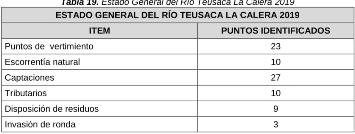 Tabla 19. Estado General del Río Teusacá La Calera 2019 